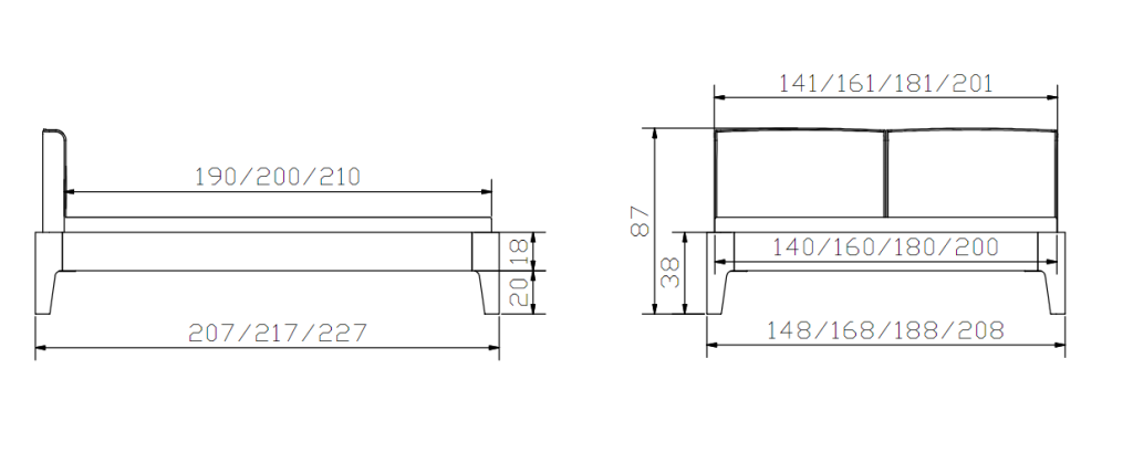 Dimensions Cadre de lit Hasena - Fine Line - Pieds Xylo et tête de lit Cemoa