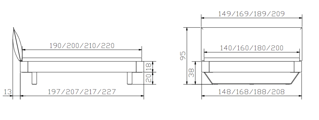 HASENA Oak Line (Pieds Slitto + Tête Cussina) 1 Dimensions du Cadre de lit Hasena Oak Line - Pieds Slitto et tête de lit Cussina