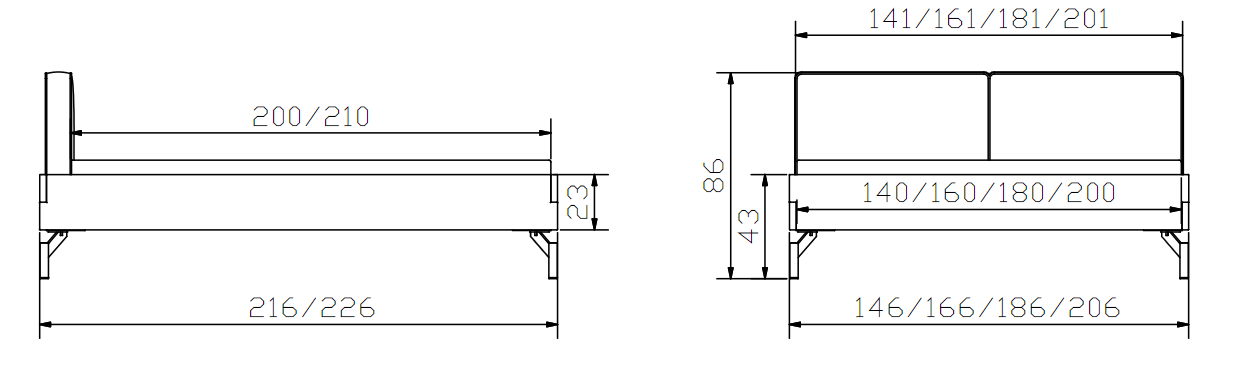 HASENA Factory Line (Pieds Tondo + Tête Cena) 2 Dimensions Cadre de lit Hasena Factory Line - Pieds Tondo et Tête de lit Cena