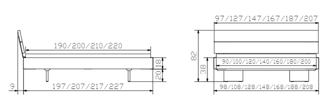 HASENA Top Line (Pieds Vilo + Tête Nuetta) 2 Dimensions Cadre de lit Hasena Top Line avec Pieds Vilo et Tête Nuetta