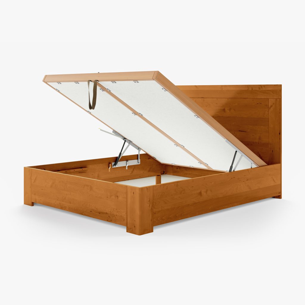 Lit Coffre Bois Massif Merisier Teinté JANO 1 Lit coffre JANO en Merisier Teinté (Ouvert) - Avec le tête de lit