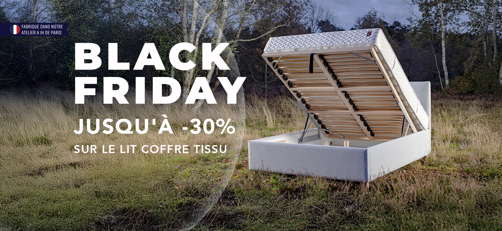 Black Friday Nation Literie 2025 - Jusqu'à 30% sur les lits coffres en tissu 2